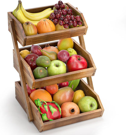 G.a HOMEFAVOR Large Bamboo Fruit Basket, 2-Tier Fruit Bowl for Kitchen Counter, Vegetable Storage Stand for Fruit Shop, 15 mm Thickness (Self-assembly)