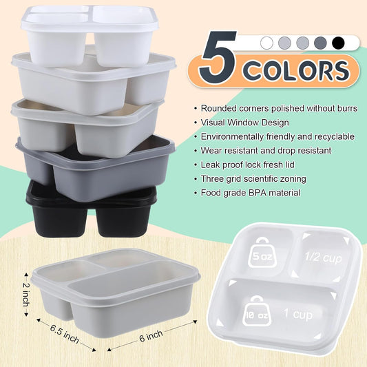 Honeydak 5 Pack Snack Containers 3 Compartment Bento Snack Boxes Divided Meal Prep Containers with Lids Reusable Adults Lunch Food Storage Box for School Work Travel(Elderberry)