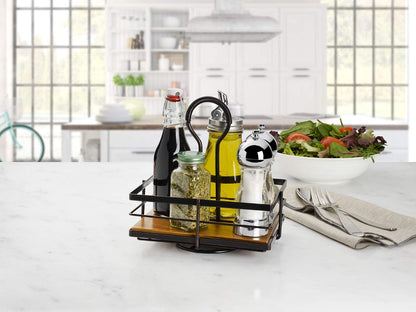 Mikasa Gourmet Basics Hanover Condiment Caddy with Rotating Caddy Organizer Design, Acacia Wood Insert - Durable, BPA-Free, Heavy-Gauge Carbon Structured Steel for Condiment Storage