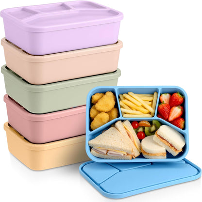 Honeydak 6 Pcs Silicone Bento Box Reusable Lunch Container 4 Compartment Snack Boxes with Lid Smooth LeakProof Rectangle Food Boxes for Adult Work Travel Food Storage (Cute Color)