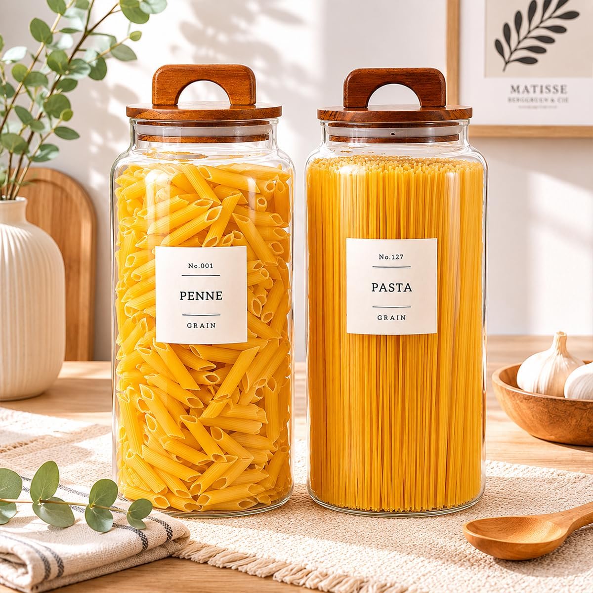 2 Pack Large Glass Flour and Sugar Containers with 132 Pantry Labels - 64 FL OZ Glass Canisters with Bamboo Airtight Lids - Farmhouse Glass Cookie Jars for Rice, Pasta, Cereal, Bath Salt