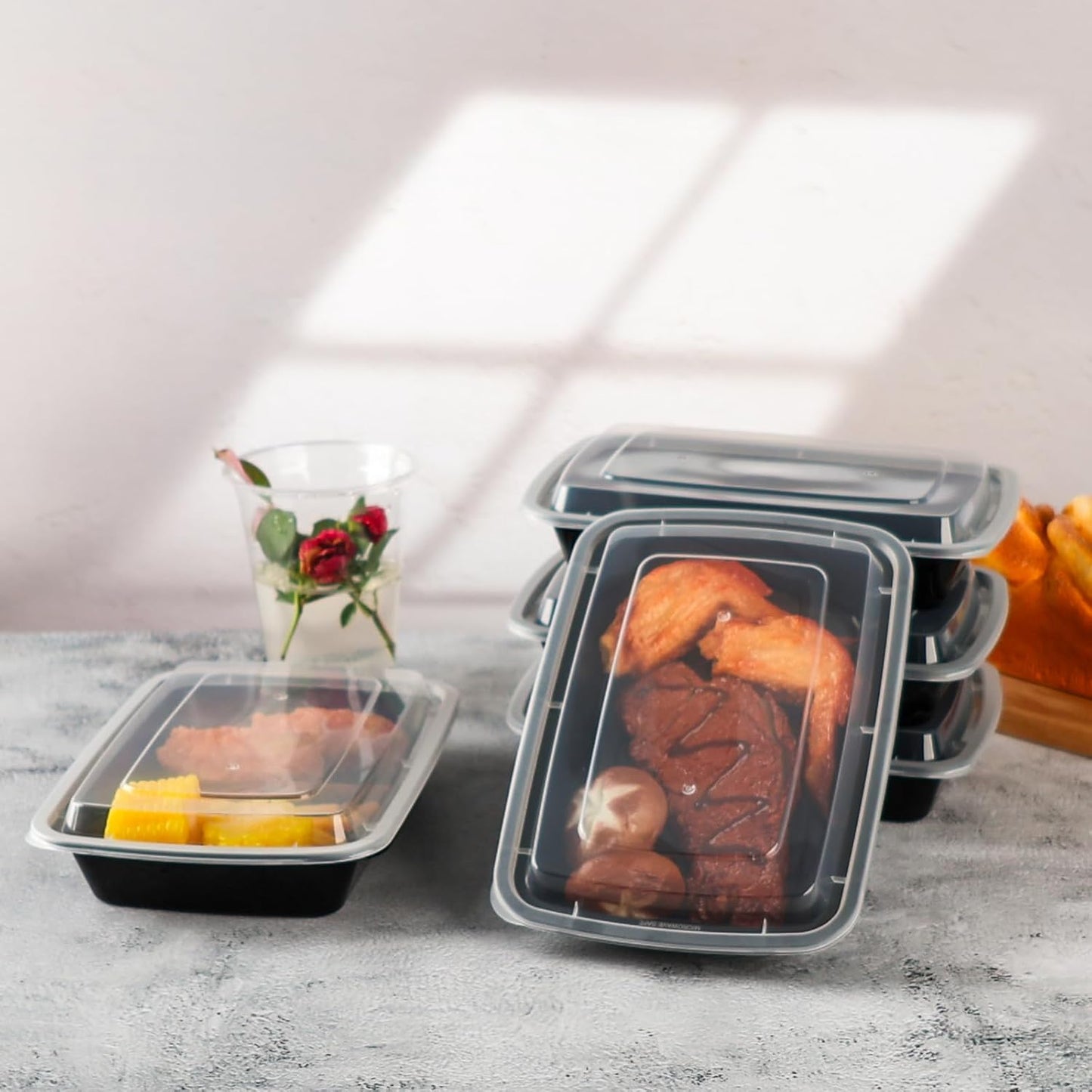 Meal Prep Containers 2 Compartment 15 Pack, 28 oz Divided Reusable Food Storage Containers with Lids Takeout Food Storage Containers Black, Microwave Dishwasher Freezer Safe, Stackable, BPA Free