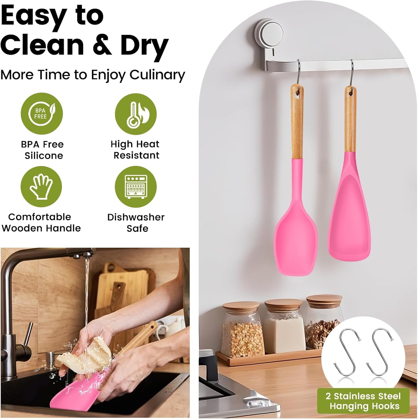 Large Silicone Cooking Spoons Set, 2 Pcs Heat Resistant Serving Spoon, Multifunction Nonstick Spatula Spoon, Kitchen Cucharras de Silicona for Mixing, Stiring, Basting, Scooping, Scraping