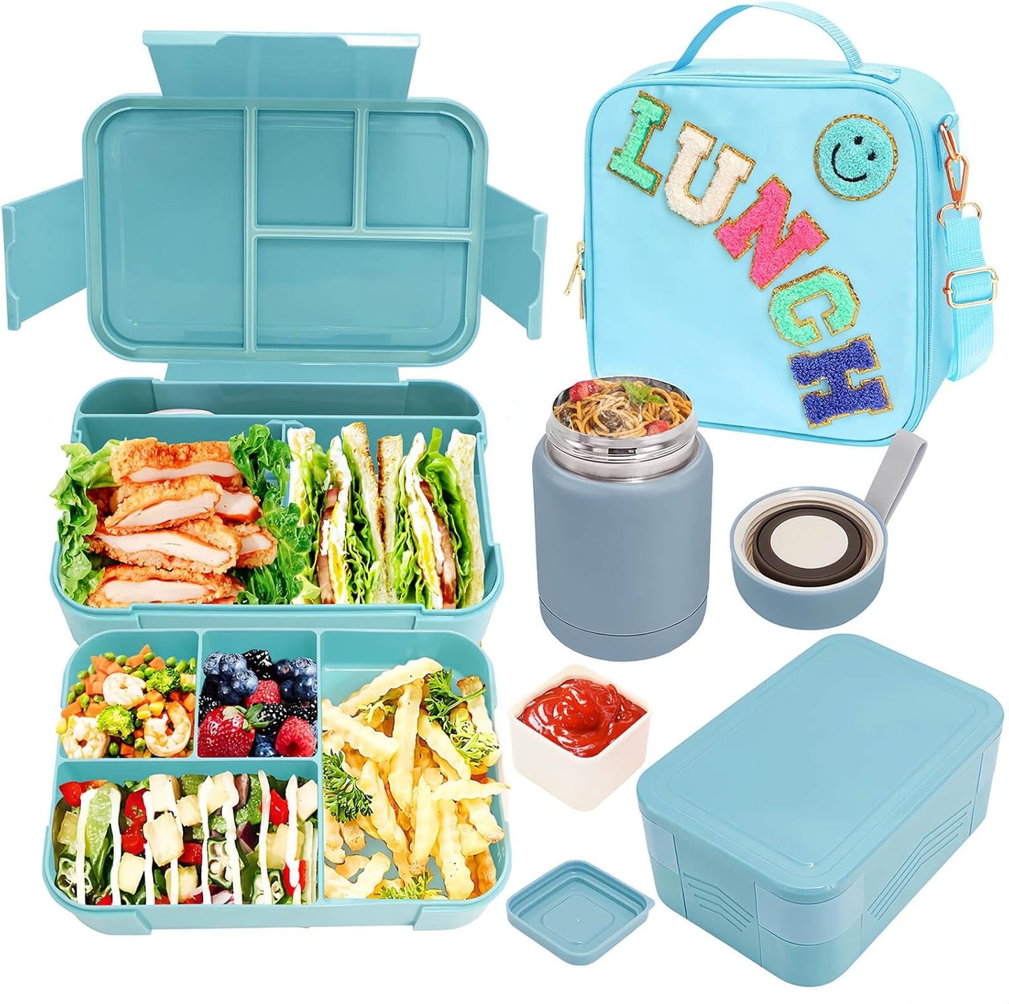 Insulated Lunch Bag for Boys Girls with 10oz Thermo, with 6 Compartment Bento Box, Black Nylon Preppy Lunch Box Adjustable Strap for Boy Girl Kids Teens School Travel Picnic