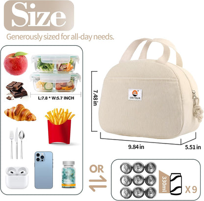 CaCTOUR Lunch Box for Women Girls Teens,Cute Lunch Box Cooler Bag, Portable Insulated Small Lunch Bag Women Reusable Corduroy Lunch Tote for Work/Travel/Picnic/School (Dog Green,Small)