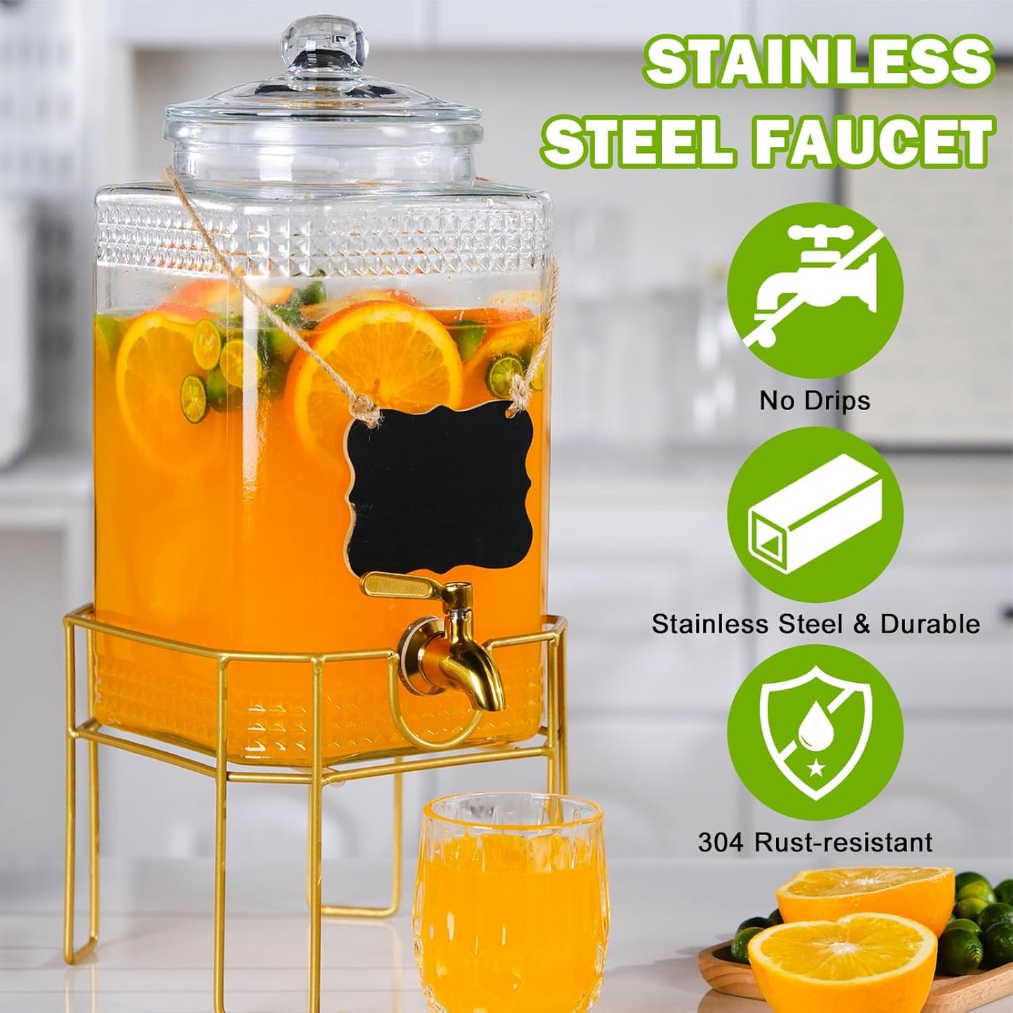 Drink Dispenser,2 Gallon Drink Dispensers for Parties,Beverage Dispenser with Stand,Glass Lid and Stainless Steel Spigot Leak-proof, Ideal for Lemonade,Juice, Tea, and Party Drinks