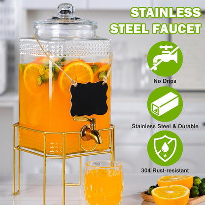 Drink Dispenser,2 Gallon Drink Dispensers for Parties,Beverage Dispenser with Stand,Glass Lid and Stainless Steel Spigot Leak-proof, Ideal for Lemonade,Juice, Tea, and Party Drinks