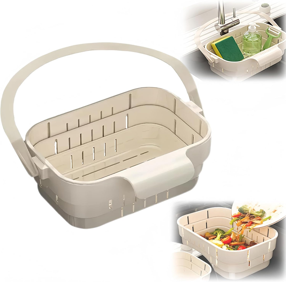 Foldable Kitchen Sink Strainer, Removable Residue Filter, No-Drill Hanging Drain Rack Food Catcher, Stretchable Kitchen Colander with Flip Cover