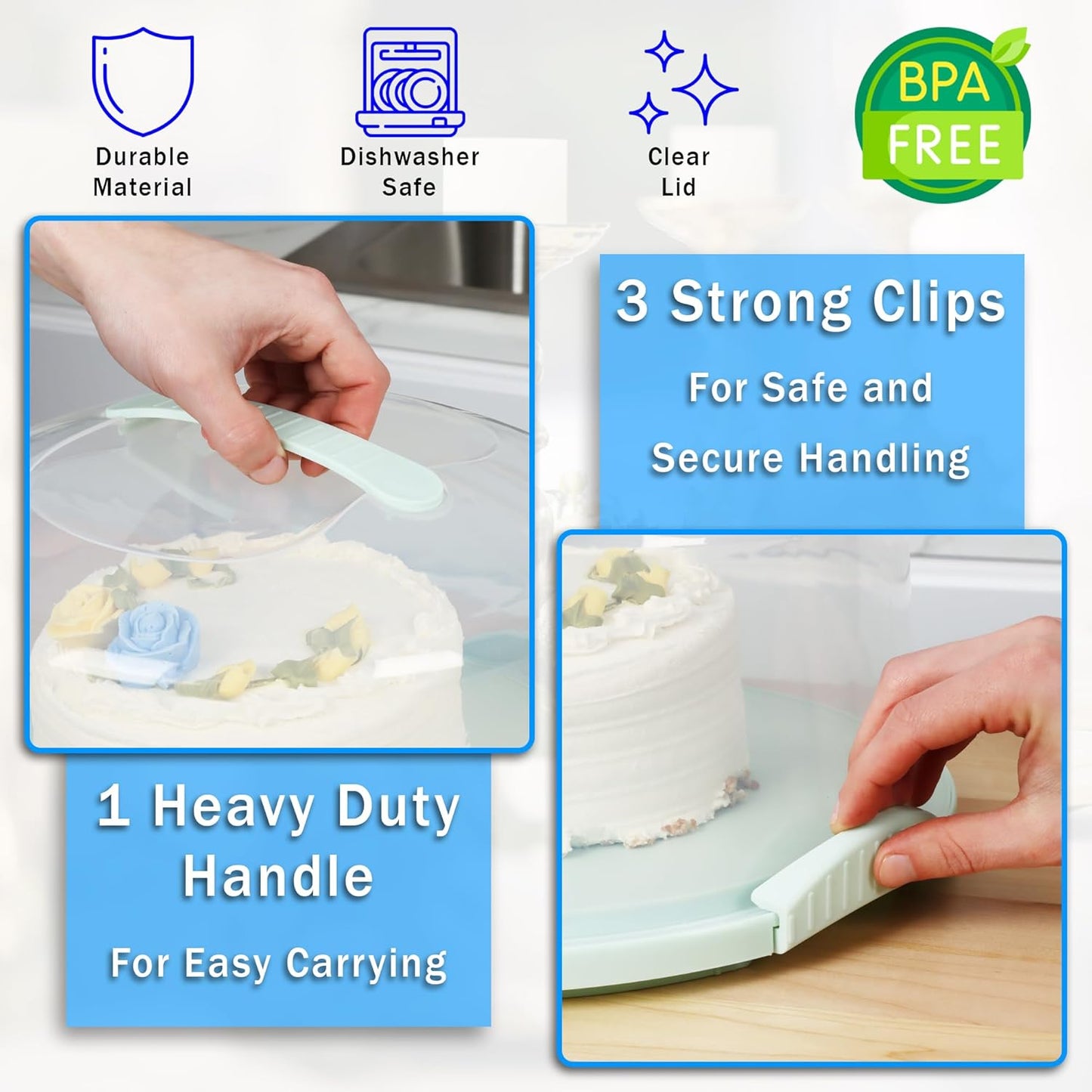 JOEY'Z EXTRA LARGE Cake Carrier - Holds up to 12 Inch 3-Layer Cake | Cake Container with Server Cake Carrier With Lid And Handle Cake Holder with Lid/Cake Cover Cake Plate Clear Cake Dome