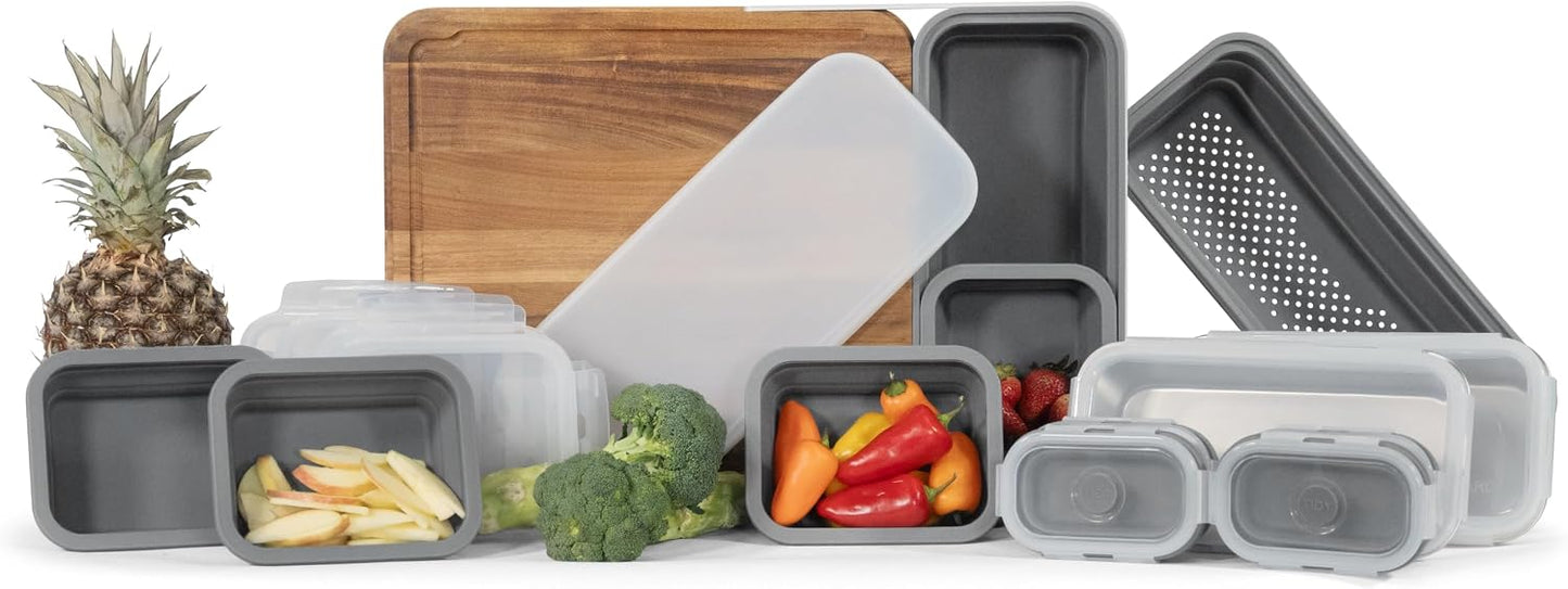 TidyBoard Meal Prep System Starter - Over-the-Sink Smart Chopping Board with 1 Large Strainer, Tubs, & Lids - 1” Thick Acacia Wood Cutting Board with Containers & Strainer, 12 pieces
