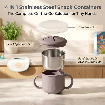BUSOHA 2 Pack Stainless Steel Snack Containers – 4 IN 1 Spill Proof Snack Cup for Kids with Silicone Lids,Reusable Toddler Snack Containers,Metal Food Storage for Lunch Box,Travel,Dark Purple+Gray