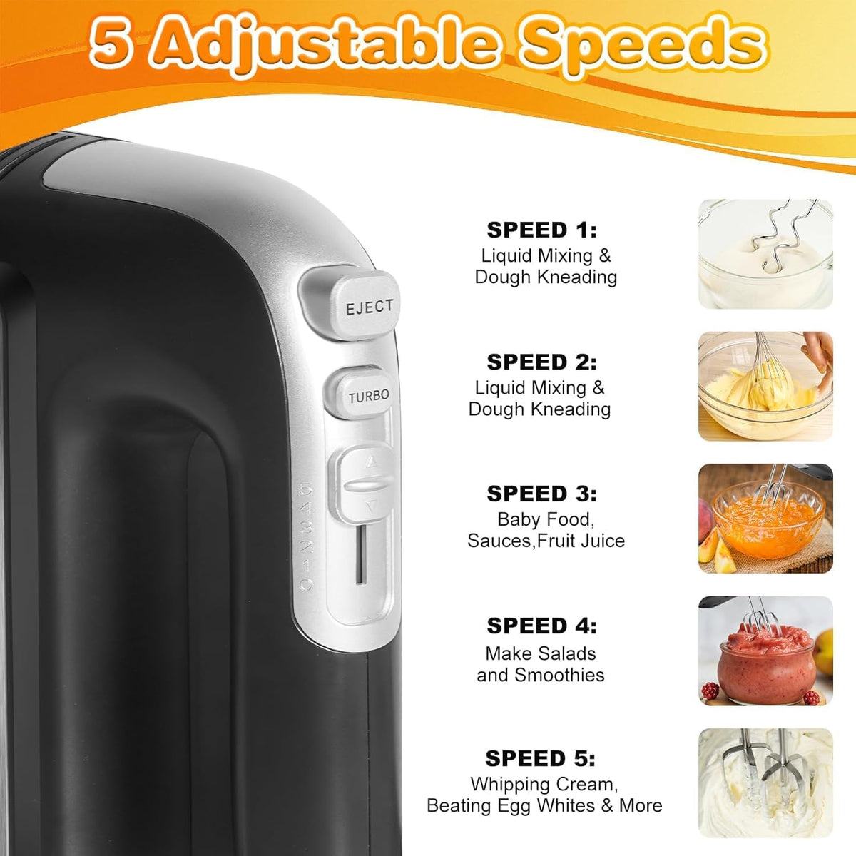 400W Electric Hand Mixer, 5-Speed with Turbo, 5 Stainless Steel Attachments