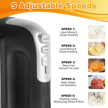 400W Electric Hand Mixer, 5-Speed with Turbo, 5 Stainless Steel Attachments