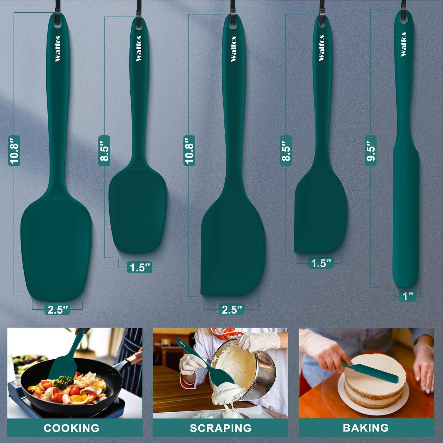 Walfos 600°F High Heat Resistant Silicone Spatula Set of 5- Food Grade Rubber Spatula Set for Baking Cooking & Mixing - BPA Free, Non Stick and Dishwasher Safe,black