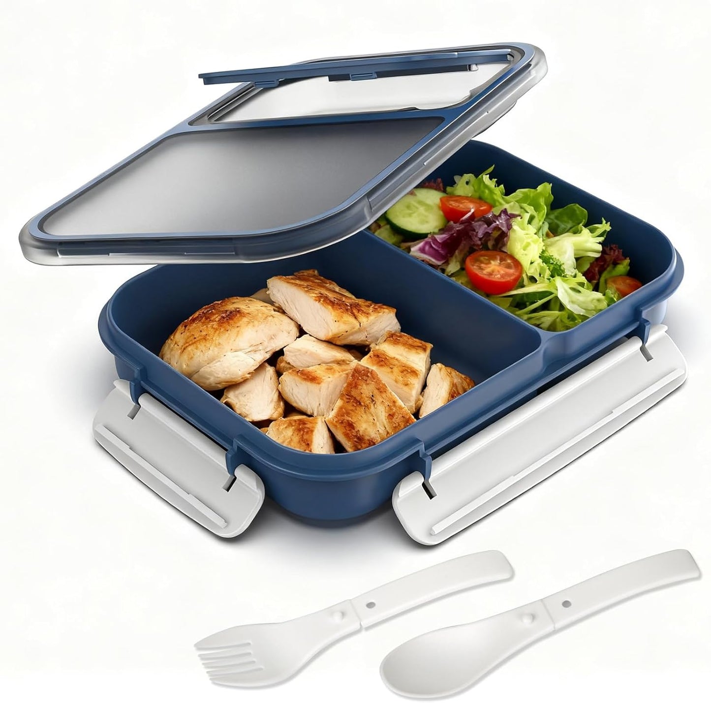 WHALEHOUSE Bento Lunch Box, 1300ML 4 Compartments Meal Prep Container with Utensil, Airtight Food Storage Container with Snap Locking Lids, Microwave/Dishwasher/Freezer Safe, On the Go
