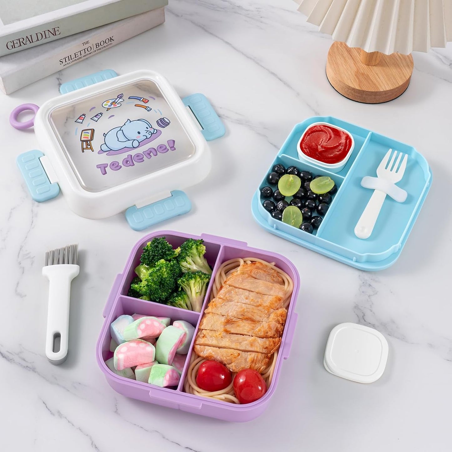 SAYAPE Kids Bento Lunch Box - Toast-Shaped 4-Compartment Lunchable Food Container with Sauce Cup, Utensils & Brush, BPA-Free, Reusable Snack Container with lid, Ideal for School & Travel - Blue