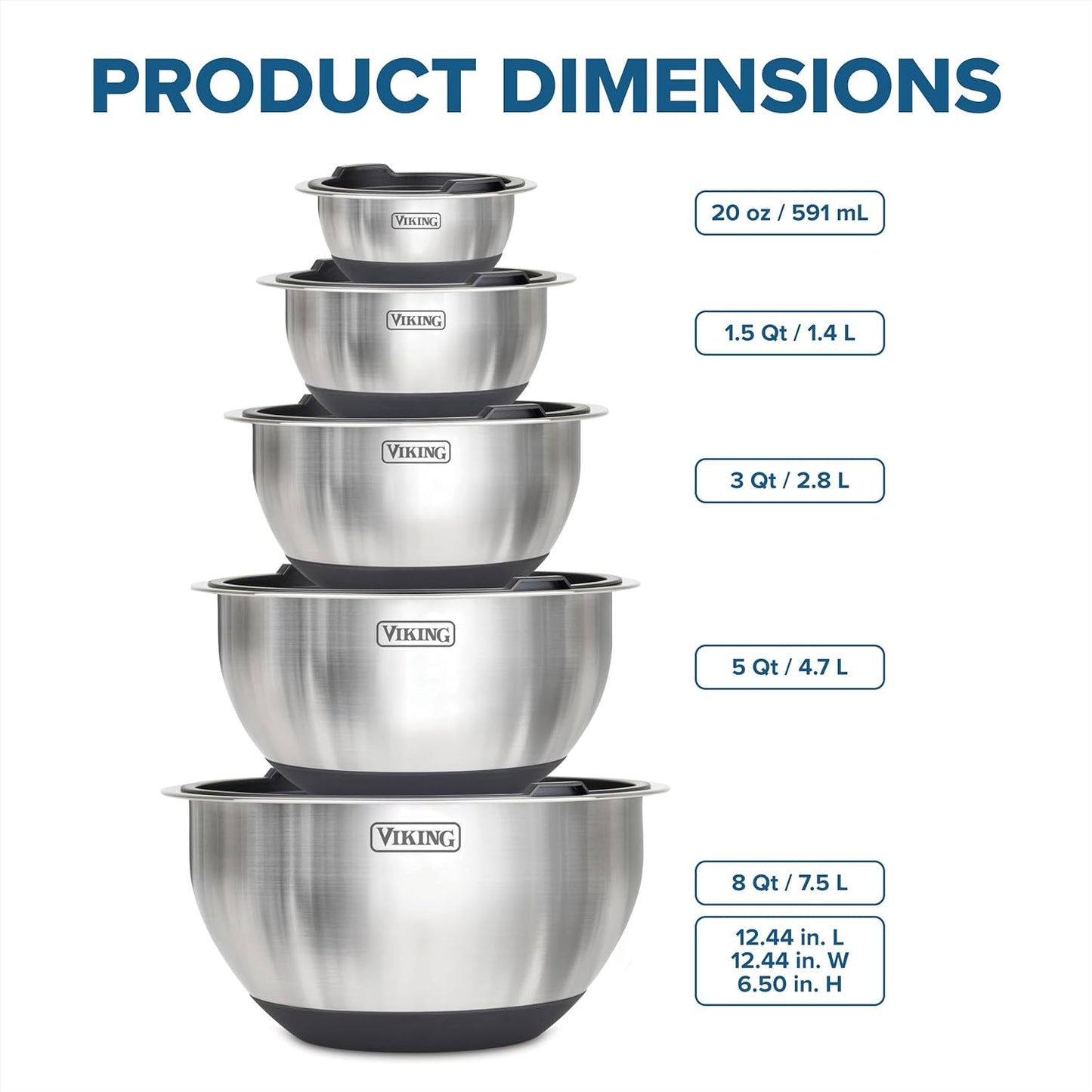 Viking Mixing Bowls Set, 10 Piece Stainless Steel Kitchen Cookware, Non-Slip Silicone Base, Includes Tight Fit Lids, Dishwasher Safe, Grey