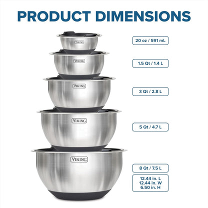 Viking Mixing Bowls Set, 10 Piece Stainless Steel Kitchen Cookware, Non-Slip Silicone Base, Includes Tight Fit Lids, Dishwasher Safe, Grey