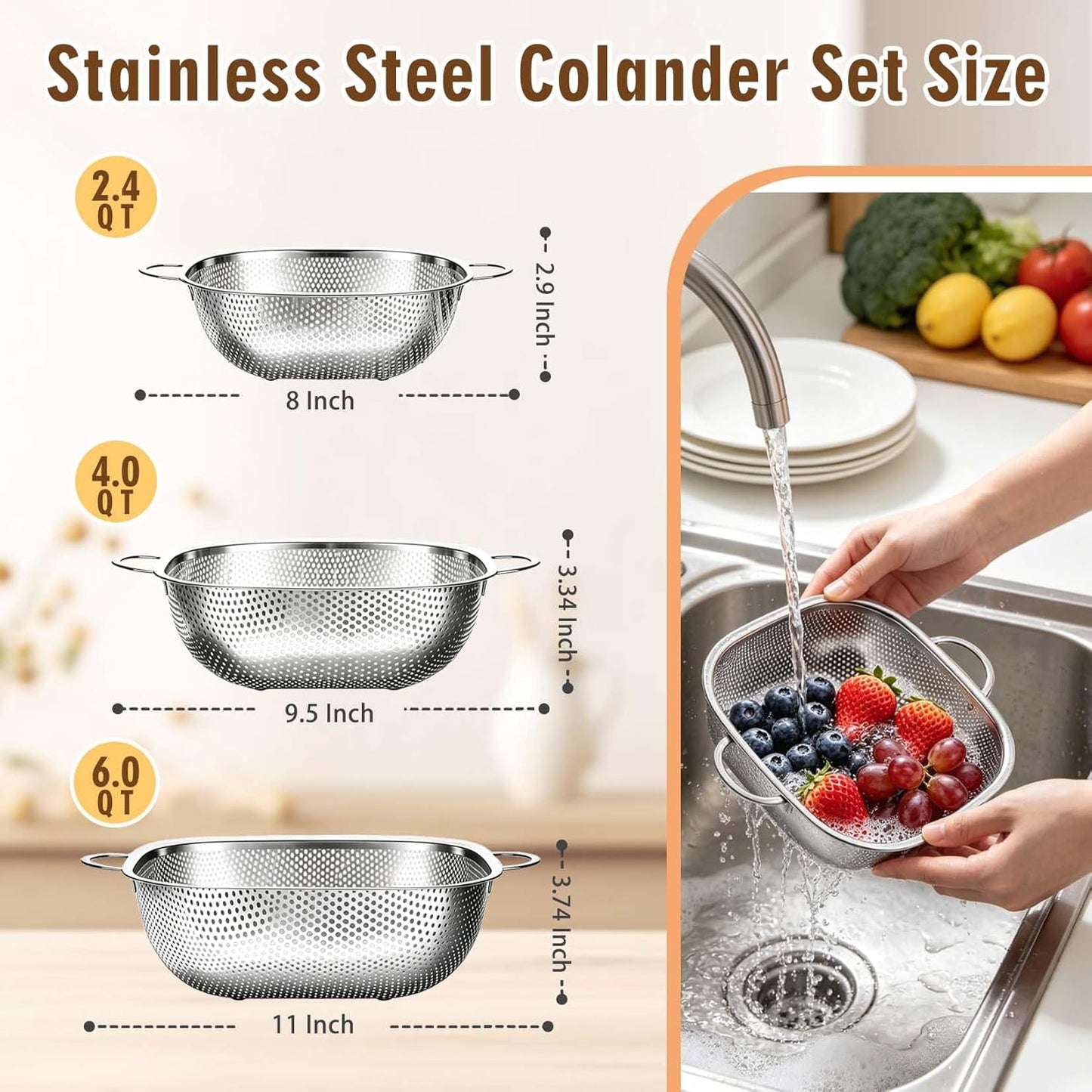 P&P CHEF Stainless Steel Colander Set of 3-2.4/4 / 6 Qt, Square Colanders for Kitchen, Pasta Strainer for Washing Draining Rinsing Spaghetti Fruit Food, Dishwasher Safe & Healthy