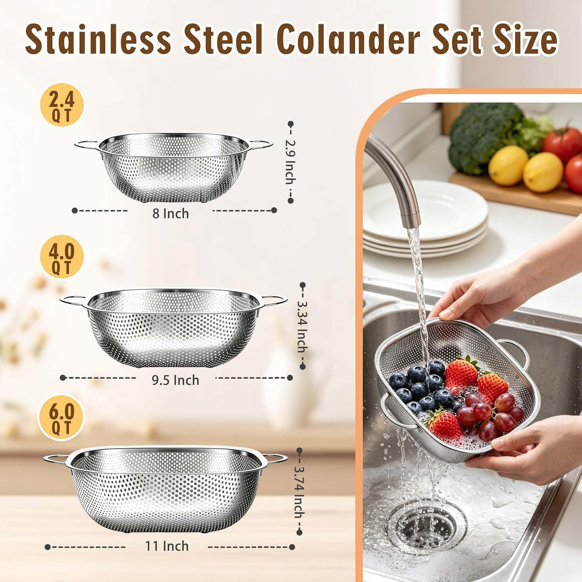 P&P CHEF Stainless Steel Colander Set, Strainers and Colanders for Kitchen