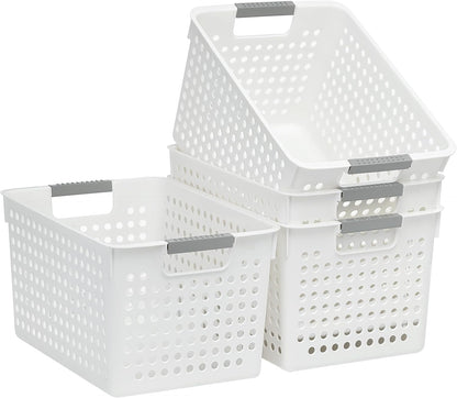 Soddeph 4 Pack Plastic Deep Storage Basket with Handles, Cubbies Organizer Bins with Hollow Design for Under Counter, Closet, Kitchen or Bathroom 12.3" × 8.7" × 6.9"(White, Medium)