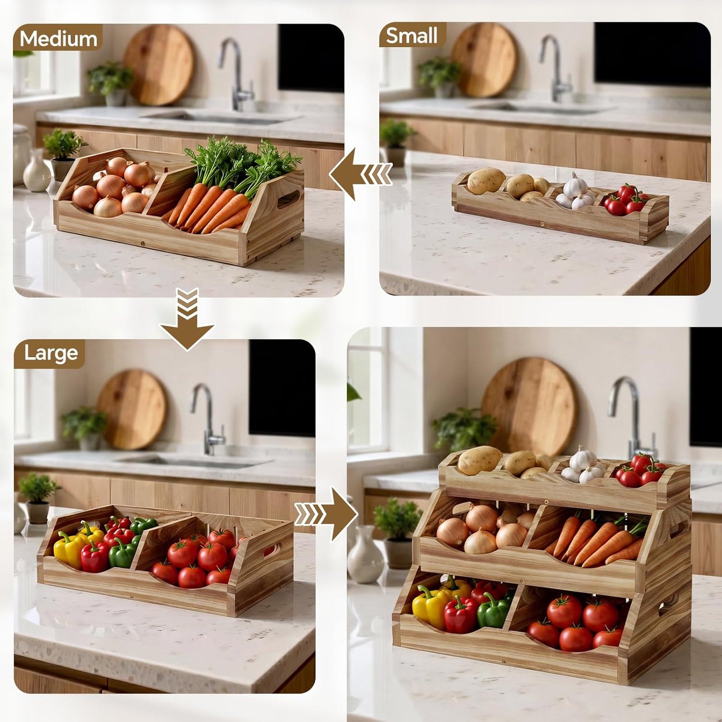 3-Tier Solid Wood Potato and Onion Storage Bin for Kitchen Counter, Stackable Fruit Vegetable Basket with 4-Compartment Top Tray Removable Adjustable, Ventilated Pantry Organizers and Storage