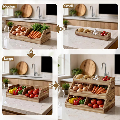 3-Tier Solid Wood Potato and Onion Storage Bin for Kitchen Counter, Stackable Fruit Vegetable Basket with 4-Compartment Top Tray Removable Adjustable, Ventilated Pantry Organizers and Storage