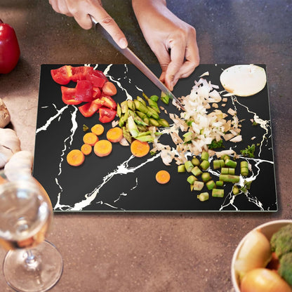 JAMBALAY Tempered Glass Cutting Boards for Kitchen, Gold 12"x8" & 16"x12" Glass Cutting Board Set with Marble Design, With Non Slip Foot, Shatter and Heat Resistant, Dishwasher Safe