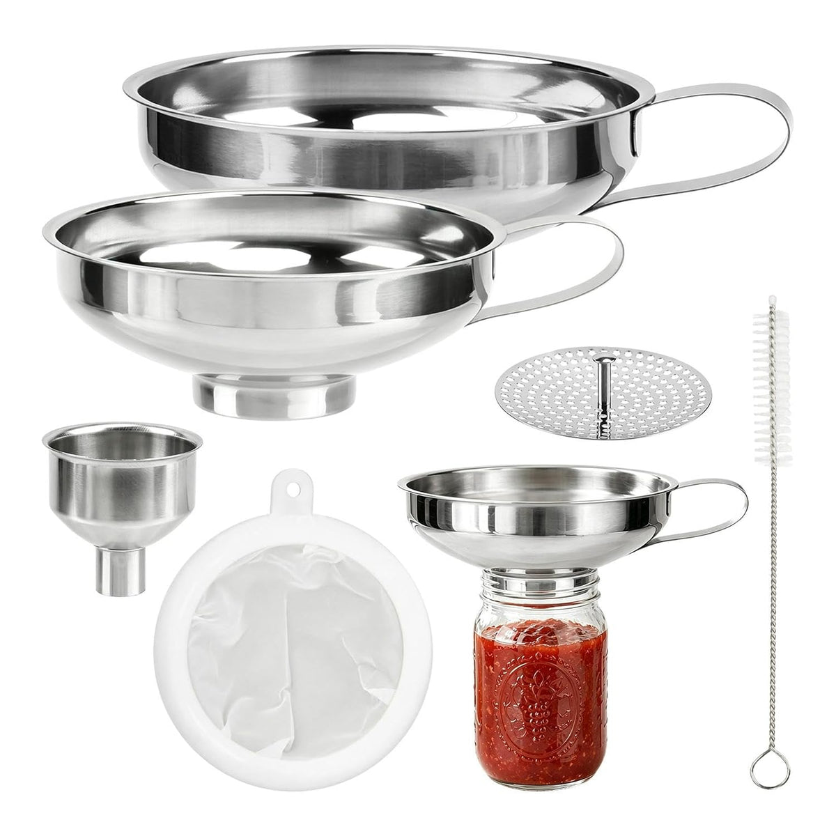 Canning Funnel with Strainer, Wide Mouth Funnel for Mason jar, Stainless Steel Canning Supplies with Cleaning Brush for Kitchen Use, 3 Pack (Small and Large)