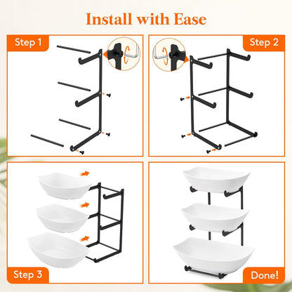 Lifewit Plastic Fruit Bowl for Kitchen Counter, 3 Tier Fruit Basket with Gold Metal Stand, Tiered Fruit Holder for Countertop Serving Tray for Vegetable/Dessert in Party 28 x 21 x 35cm/11 x 8.4 x 14