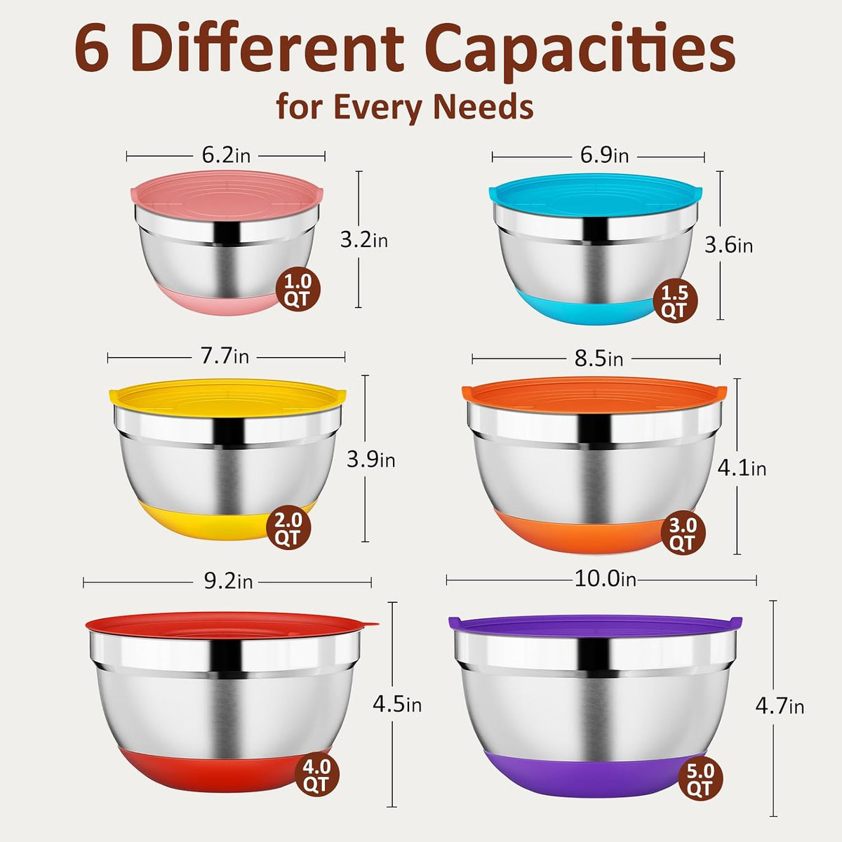 9 Pack Mixing Bowls with Airtight Lids & Grater Attachments, Khaki