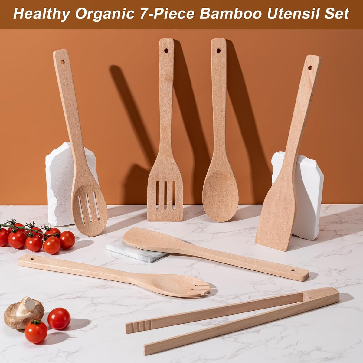 Eisinly 7-Piece Wooden Cooking Spoons, Natural Bamboo Utensil Set