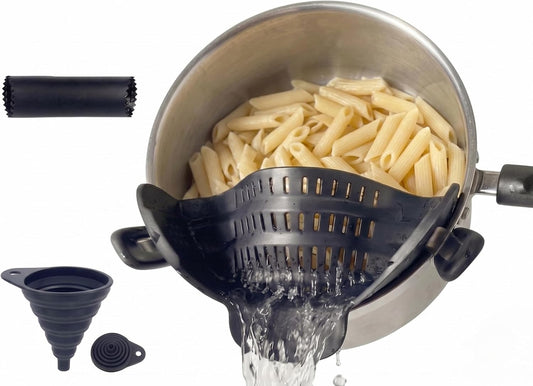 Clip On Strainer Silicone for Pots and Pans, Universal Fit Pasta Strainer and Pot Colander, Space Saving Food Drainer with Collapsible Funnel and Garlic Peeler, 3 Pcs Set, Gray