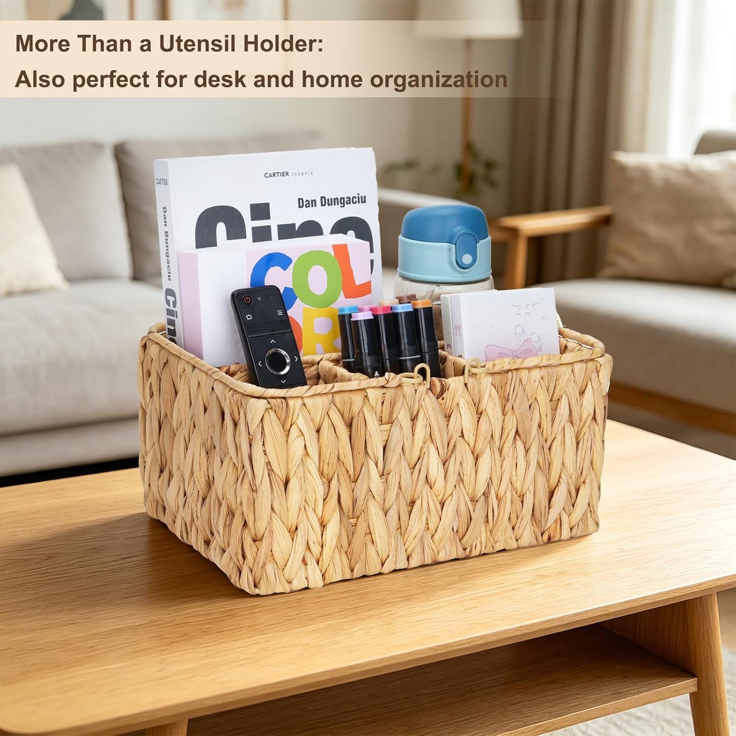Water Hyacinth Utensil Caddy with Handle, 4 Compartments Woven Cutlery Organizer, Portable Flatware Holder for Outdoor Picnic, BBQ, Camping, Kitchen Counter & Party Table