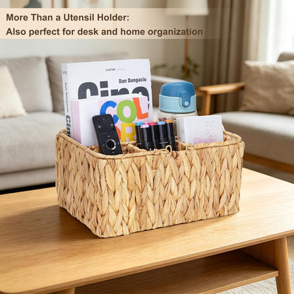 Water Hyacinth Utensil Caddy with Handle, 4 Compartments Woven Cutlery Organizer, Portable Flatware Holder for Outdoor Picnic, BBQ, Camping, Kitchen Counter & Party Table