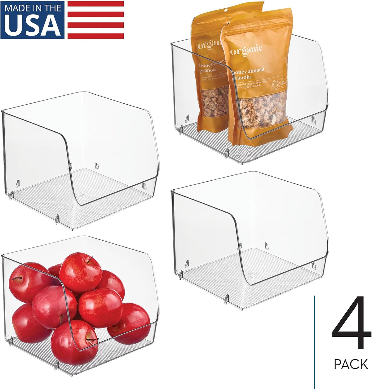 iDesign Stackable Clear Open Front Storage Bin, 4-Pack | Easy Access Organizer, For Kitchen, Pantry or Cabinet