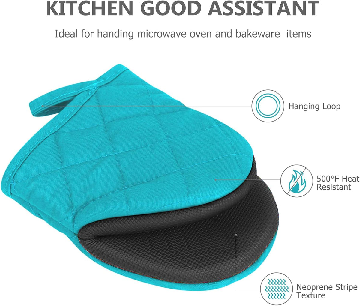 1 Pair Short Oven Mitts - Silicone Kitchen Oven Gloves High Heat Resistant 500℉, Mini Oven Mits with Non-Slip Grip Surfaces and Hanging Loop for BBQ, Baking, Cooking and Grilling (Black)