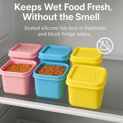 2ME Airtight Pet Wet Food Storage Containers with Lids (4-Pack, 12oz) - Silicone Meal Prep Kit for Dog & Cat Food - Freezer, Microwave & Dishwasher Safe - with Stainless Steel Scoop