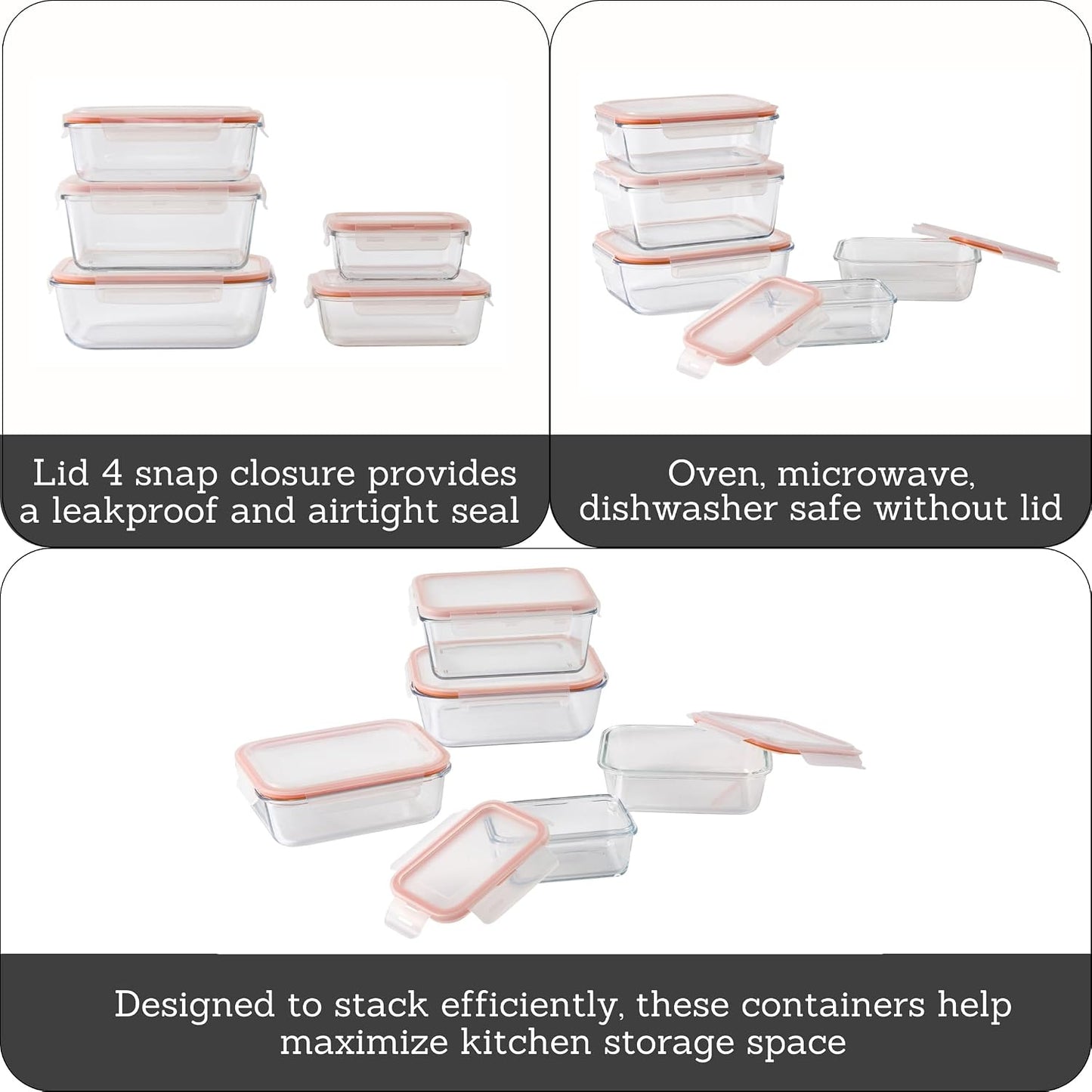 IMUSA Glass Food Storage Containers with Lids 6-Piece Set, Borosilicate Meal Prep Containers with Silicone Seal, Leakproof, Airtight, Freezer, Oven & Microwave Safe