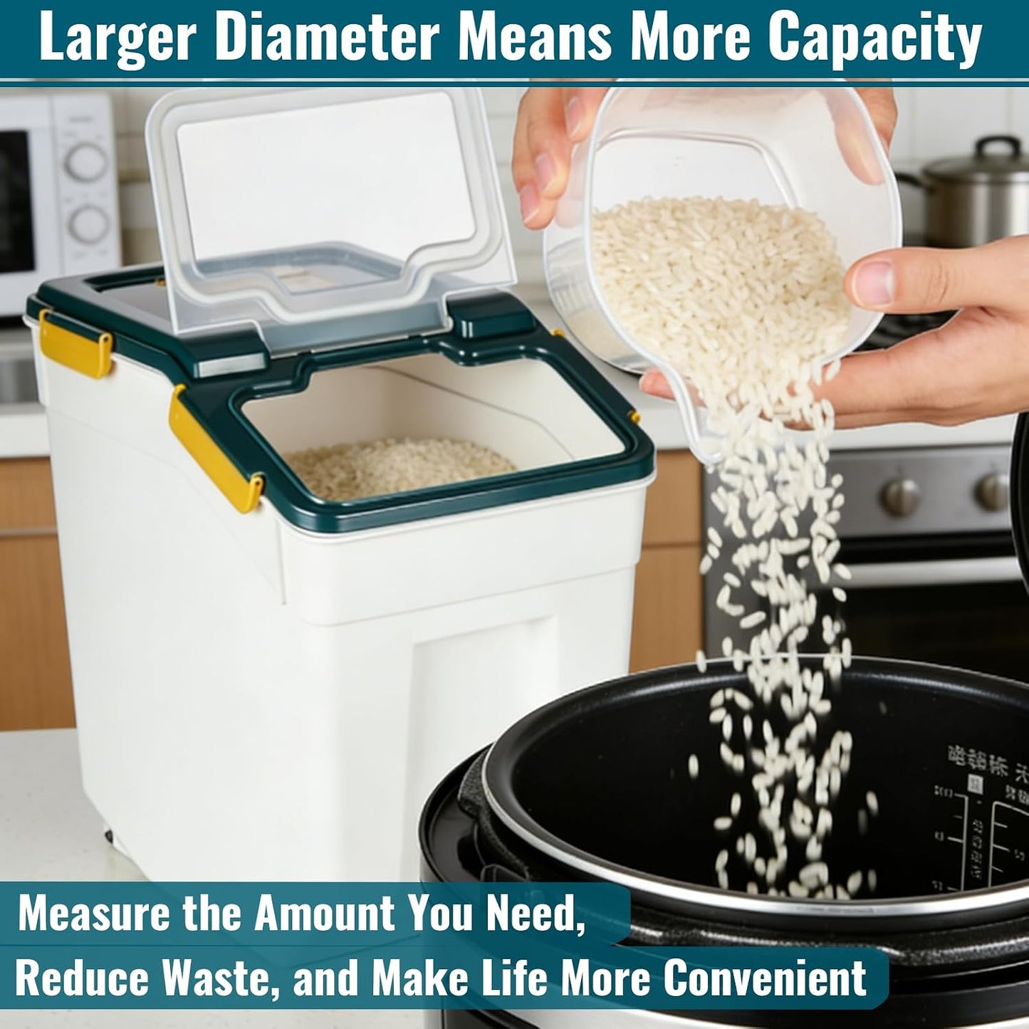 4 Pack Rice Container 25 lbs Large Bulk Flour Sugar Storage Holdhouse Plastic Grain Cereal Dry Goods Bin with Spoon and Measuring Cup for Kitchen Pantry Organization - Green