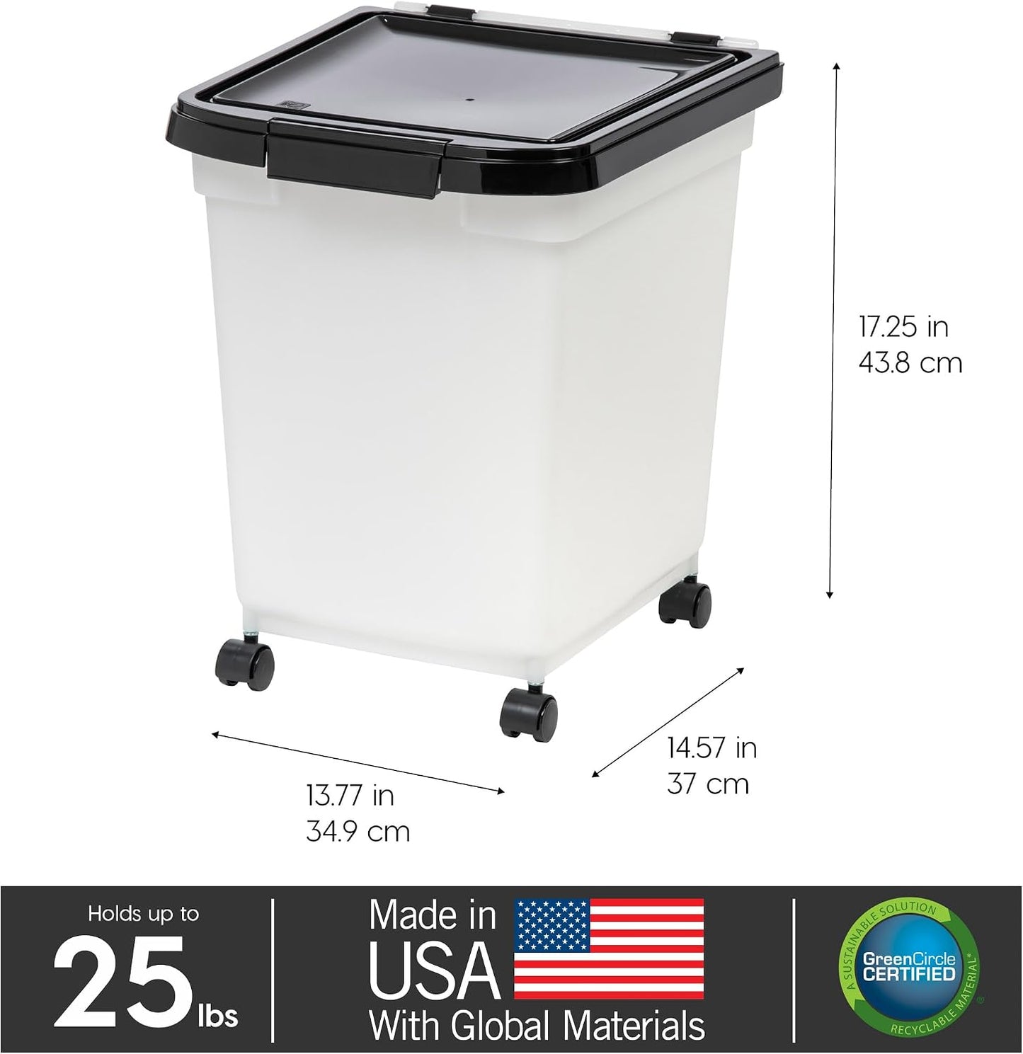 IRIS USA Airtight Dog Food Storage Container, WeatherPro, Up to 25 lbs, Removable Wheels, for Dog Cat Bird and Other Pet Food Storage Bin, Keep Fresh, Translucent Body, Made in USA, Clear/Black