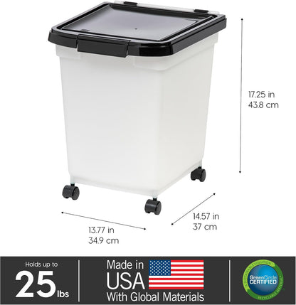 IRIS USA Airtight Dog Food Storage Container, WeatherPro, Up to 25 lbs, Removable Wheels, for Dog Cat Bird and Other Pet Food Storage Bin, Keep Fresh, Translucent Body, Made in USA, Clear/Black