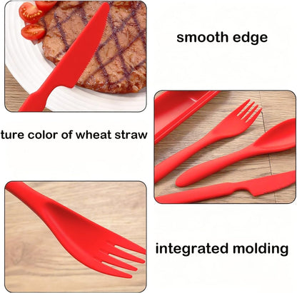 Travel Utensils Set - Reusable 5 Sets Wheat Straw Plastic Cutlery with Case, Portable Forks Spoons and Knives Set, Eco-Friendly BPA Free for Daily Use (5 Purple)