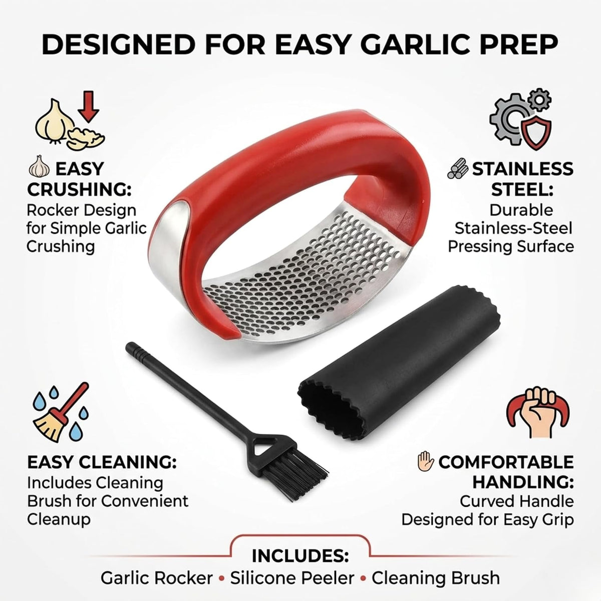 Angel's Peel Lounge Stainless Steel Garlic Press Rocker Set with Silicone Garlic Peeler & Cleaning Brush – Garlic Chopper, Mincer, Grater, Crusher – Easy for Crushed Cloves – Rust-Resistant, Black