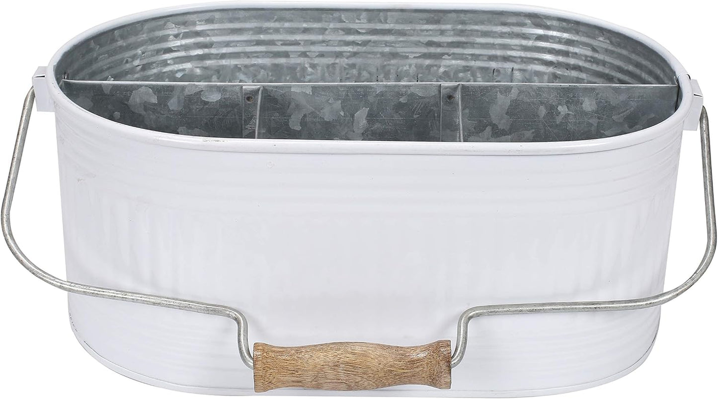 Alpha Living Home Galvanized Metal Utensil Caddy - Rustic Farmhouse Organizer Metal Garden Caddy with 4 Compartments and Wooden Handle for Kitchen, Buffet & Outdoor Events (Silver)