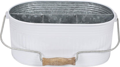 Alpha Living Home Galvanized Metal Utensil Caddy - Rustic Farmhouse Organizer Metal Garden Caddy with 4 Compartments and Wooden Handle for Kitchen, Buffet & Outdoor Events (Silver)
