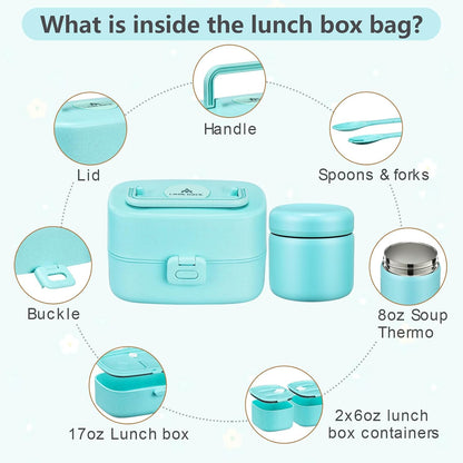 Bento Lunch Box for Kids with 8oz Soup Thermo,2 Leak-Proof Food Containers, a Lunch Bag, Kids Thermo Insulated Hot Food Jar for School, Travel-Green