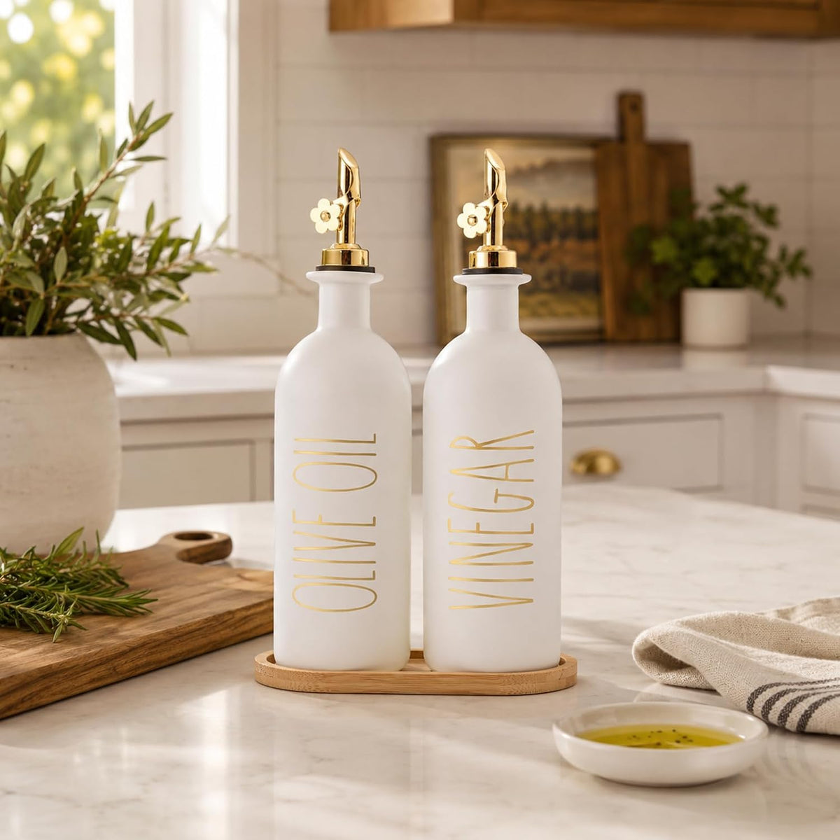 HOMCDALY Premium Olive Oil Dispenser for Kitchen, 11.8oz Glass Oil Bottles with Bamboo Tray, White Oil&Vinegar Cruet Set, Kitchen Dispenser Bottles with Pourer| Set of 2 (11.8oz –P–White)