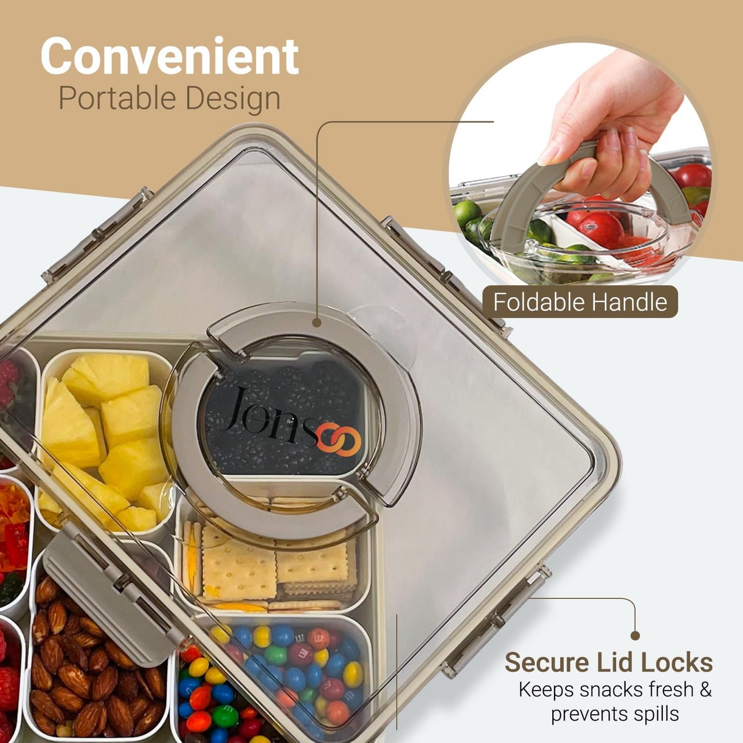 Snackle Box Container, Divided Serving Tray with Lid and Handle – Dishwasher Safe Charcuterie Board and Snack Organizer for Beach Picnics, Refrigerator Storage, Parties, Holidays, and Travel
