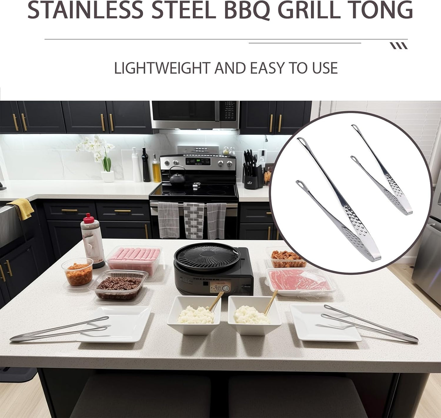 2 Pcs Stainless Steel BBQ Grill Tongs, Kitchen Tongs for Cooking, 11 inch & 9.4 inch Grill Tongs Set, BBQ Tweezers, Cooking Clamp Tool for Grilling Steak Vegetables Salad, Clip Head Hollow Design